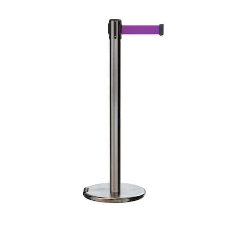 Montour Line Retractable Belt Rolling Stanchion, 2.5ft Sat.Steel Post 7.5ft Purple P400RL-SS-PE-75